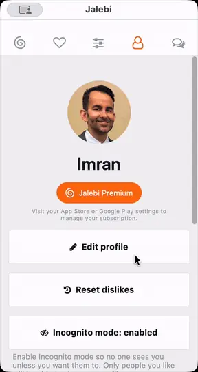 A short recording of the steps in the Jalebi app: Edit profile, Location, Reset location, Allow location, then the quick questions